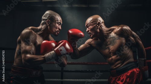 Two boxers in a fight in a dark background