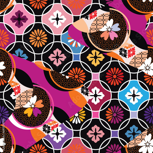 Traditional Japanese Seamless Pattern Background Fabric Patchwork with Waves, Sakura flowers, Chrysanthemum, Japan Style Icon Set Vector art vintage illustration for covers, packages, clothing, kimono