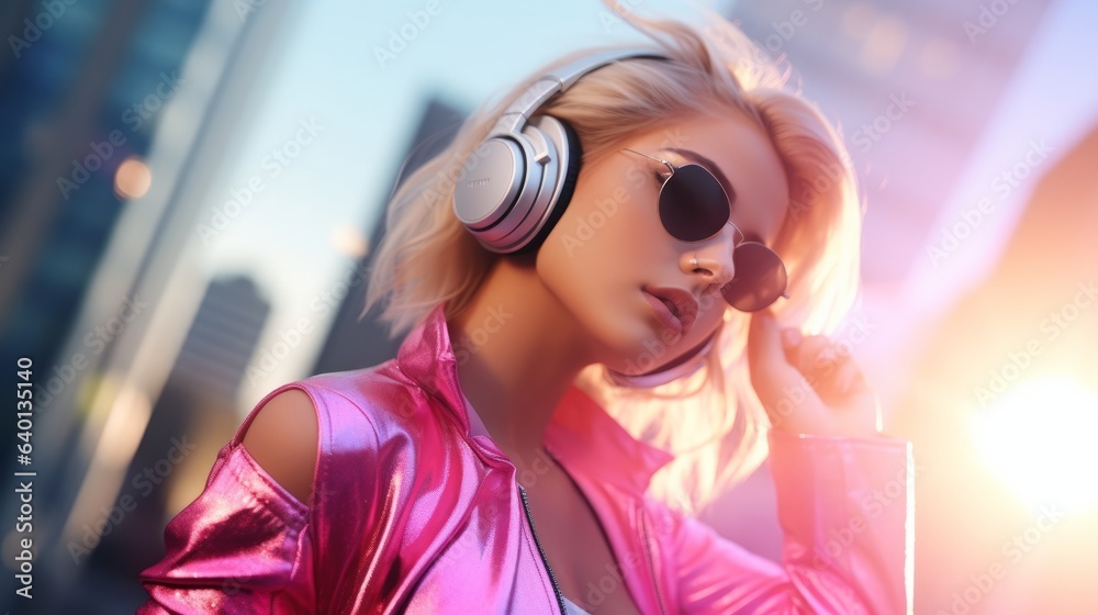 Blonde girl in pink style with cityscape. Generative AI Blonde girl in pink style with cityscape. Generative AI