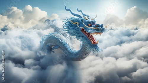 Chinese white dragon flying sky wings image Ai generated art photo