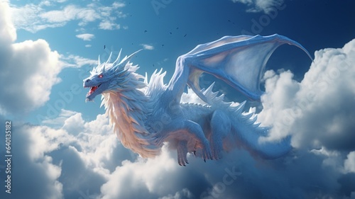 Cinematic low angle shot young white dragon image Ai generated art photo