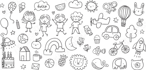 Vector hand-drawn kids doodle set. Drawings for children on white background. Children, baby, school related design elements set.  © mgdrachal