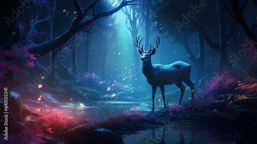 Cute deer walks through thick forest neon light wallpaper image Ai generated art