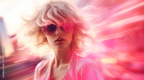 Blonde girl in pink style with cityscape. Generative AI