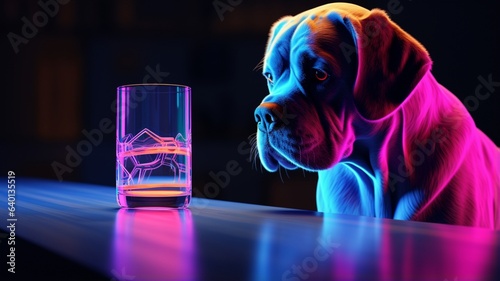 Dog drinking neon glowing light slow motion illustration image Ai generated art