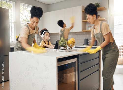 Mom, cleaning kitchen or multitasking with boy child, listening to music, headphones or e learning tablet in family home. Mother or kid for hygiene, cloth or ppe for bacteria, dust or dirt composite