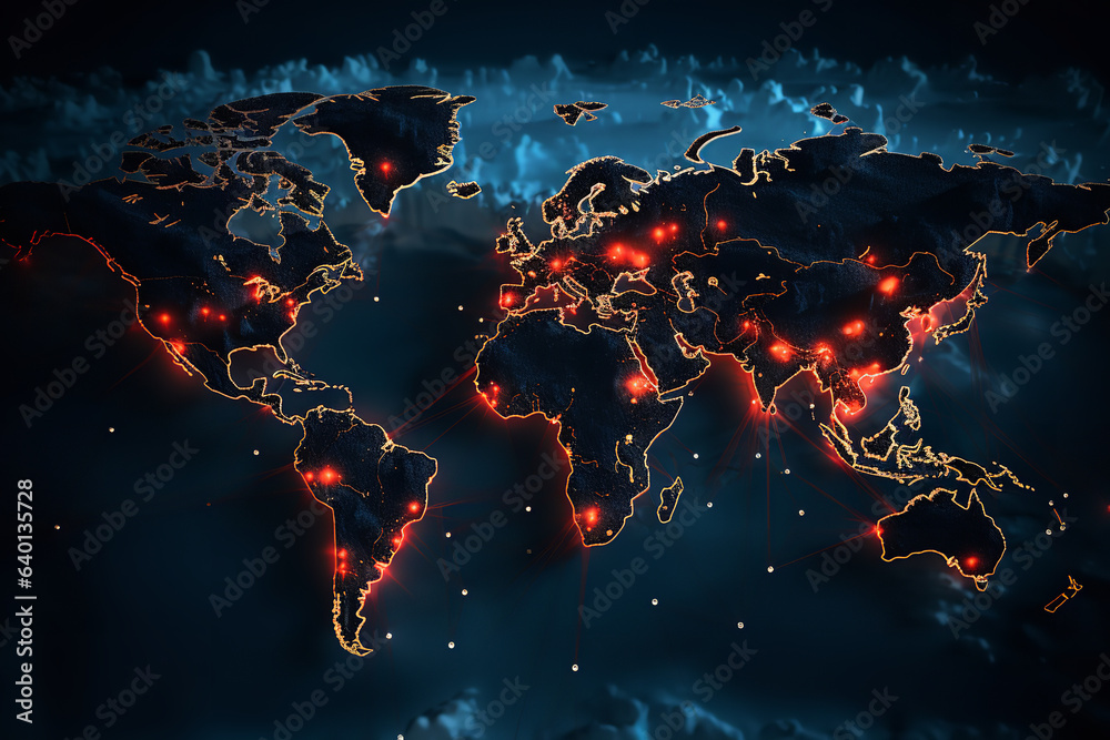 A digital map of the world, glowing at ransomware-affected areas, demonstrates the global scale and reach of such cyber attacks - obrazy, fototapety, plakaty 
