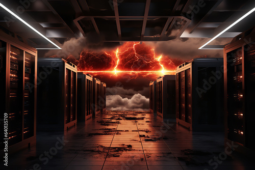  A modern data center stands under a menacing digital cloud, symbolizing the ever-present threat of a ransomware intrusion