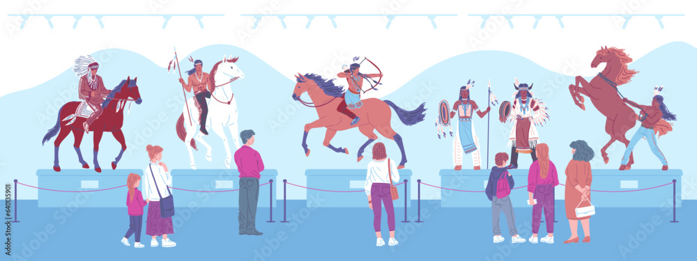 People visiting museum about Indian Americans, flat vector illustration.