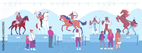 People visiting museum about Indian Americans, flat vector illustration.