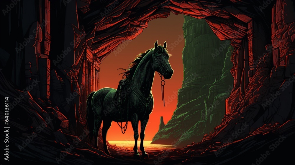 Horse sitting cave neon glowing peakpx wallpaper image Ai generated art - obrazy, fototapety, plakaty 