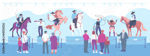Various people view exhibition in museum scene flat style
