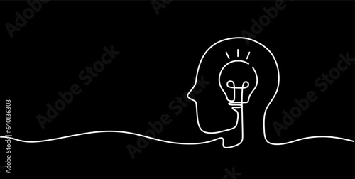 Continuous one line drawing of electric light bulb. Concept of idea emergence. Vector illustration. Black background