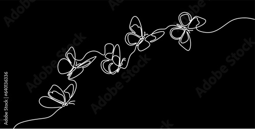 Butterfly Continuous One Line Drawing. Simple Butterfly One Line Drawing. Minimalist Contour Illustration. Black background