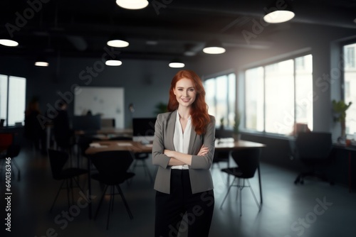 Pretty smiling redhead businesswoman real estate agent standing in contemporary business office