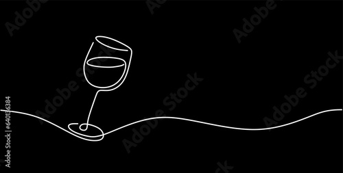 Continuous one line drawing of two glasses of red wine. Minimalist linear concept of celebrate and cheering. Editable stroke Vector black background illustration 