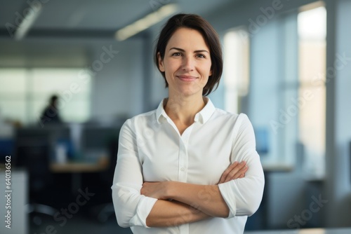 Confident female businessperson leader employer or employee with arms crossed in modern office