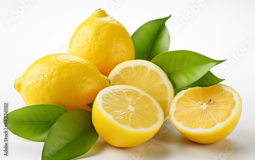 Delicious lemons with leaves, isolated on white background