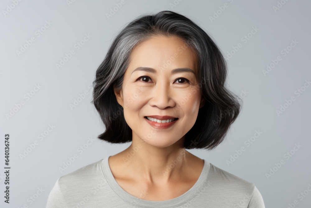 Optimistic senior japanese female looking at camera with smile on gray background. Positive emotion Optimistic senior japanese female looking at camera with smile on gray background. Positive emotion
