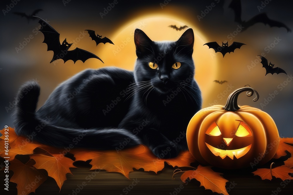 halloween background cat with pumpkin and bats