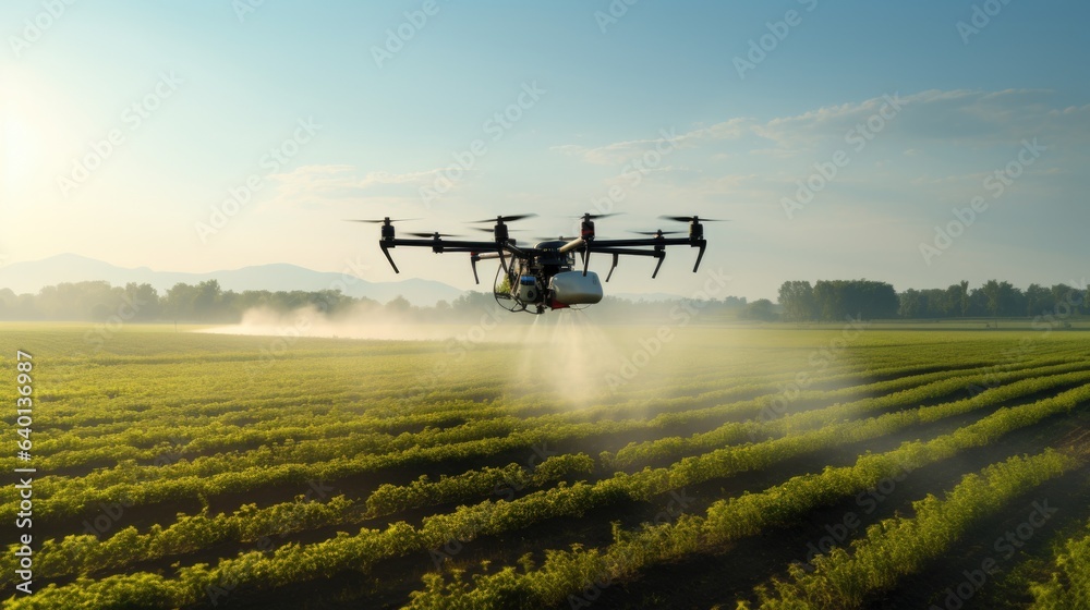 drone spraying crops in agricultural setting with blue sky drone spraying crops in agricultural setting with blue sky