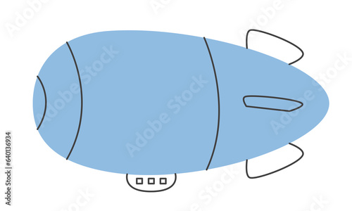 Blue airship in doodle style. Vintage transport.