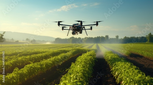 drone spraying crops in agricultural setting with blue sky