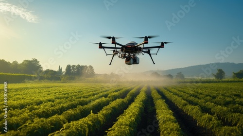 drone spraying crops in agricultural setting with blue sky