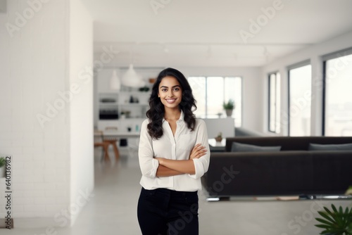 Indian female real estate agent standing in new home apartment. House rental service advertisement Free Download Indian female real estate agent standing in new home apartment. House rental service advertisement - GFXLoad