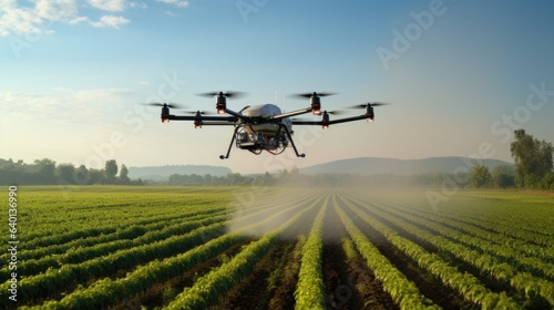 drone spraying crops in agricultural setting with blue sky