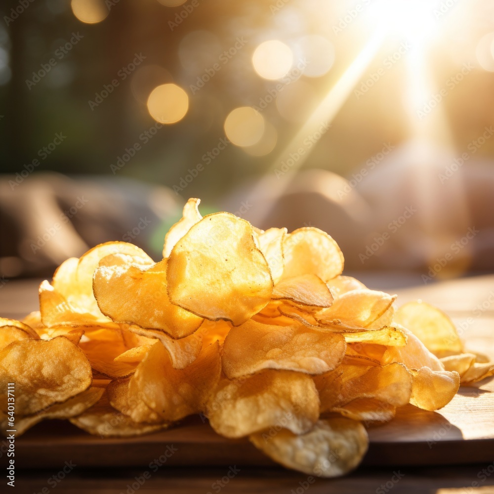 Potato Chips with Blurred Background. Generative AI Potato Chips with Blurred Background. Generative AI