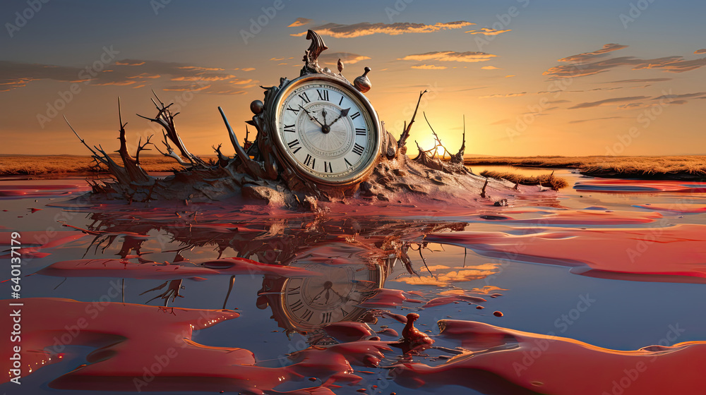 Surreal melting clock landscape Stock Illustration | Adobe Stock
