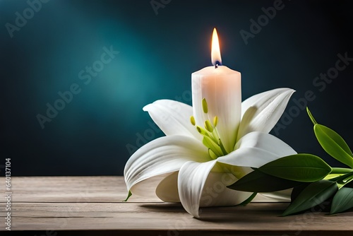 candle with lily flower on table in blue and black background generated by AI tool
