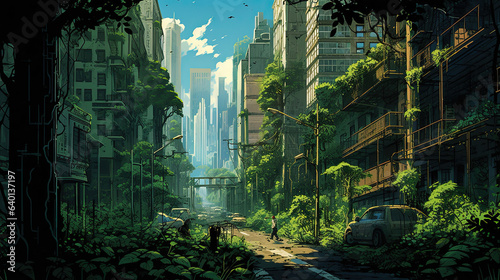 Urban jungle with skyscrapers and vines