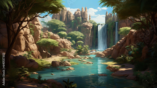 Hidden waterfall oasis in a desert