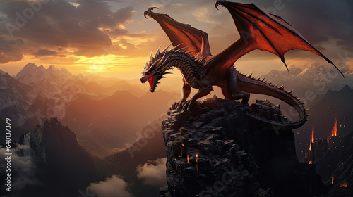 Mythical fire-breathing dragon atop a mountain © javier