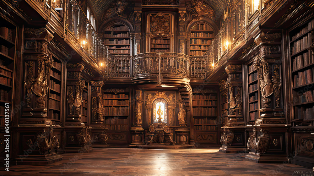 Ancient library with towering bookshelves Ancient library with towering bookshelves