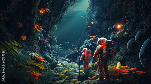 Astronauts exploring a vibrant alien jungle © javier