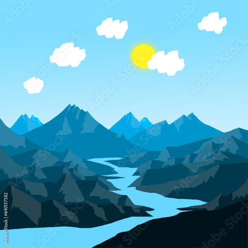 The river flowing between the mountains with the sun shining in a slightly cloudy sky. 2D vector landscape illustration background