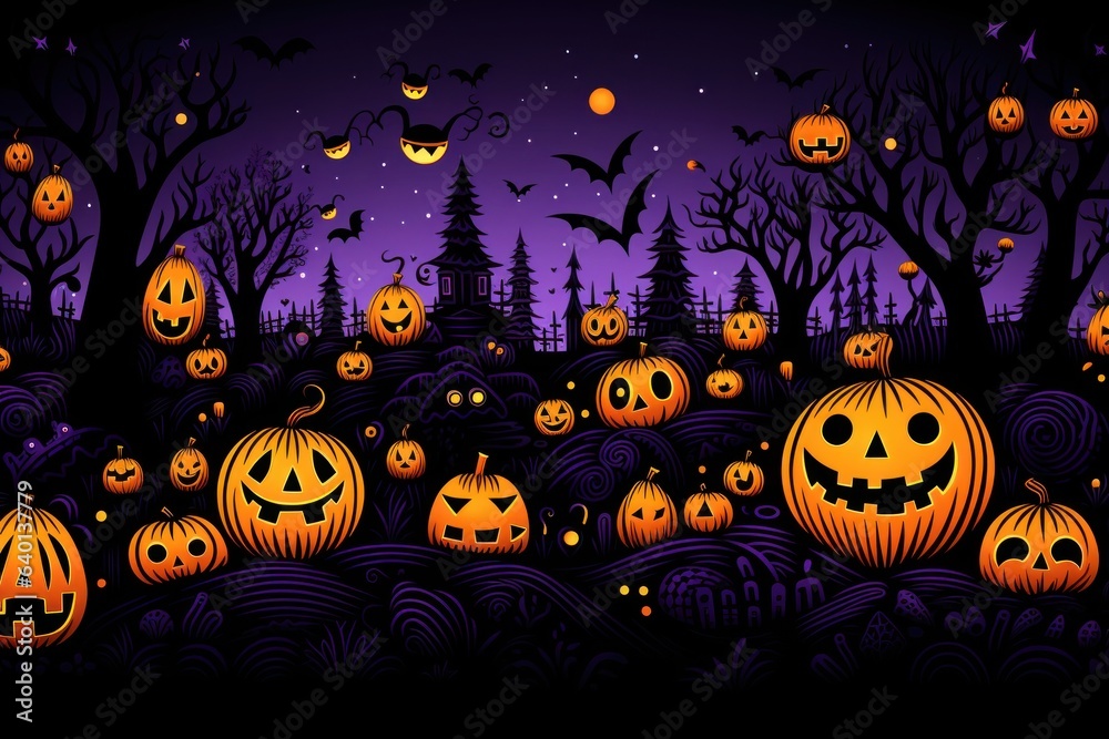 Photo of halloween decorations with pumpkins and candies on violet background. Generative AI.