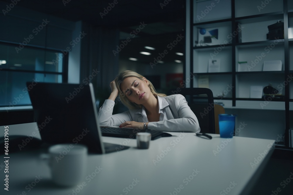 Professional burnout. Tired female office worker sit at workplace by computer feels unmotivated