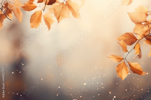 Orange maple leaves on the ground with a bokeh effect defocused background, Generative AI