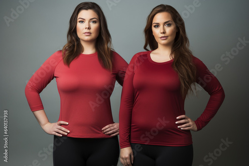 Two young beautiful women plus-size in sport wear. Ai generated