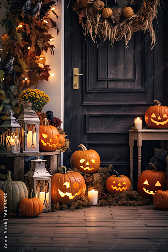 Obraz premium halloween porch decorated with halloween pumpkins and other decorations