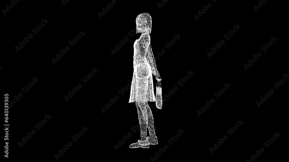 3D Girl with a handbag on black bg. Shopping concept. Fashion woman holding bag. For title, text, presentation. 3d animation.