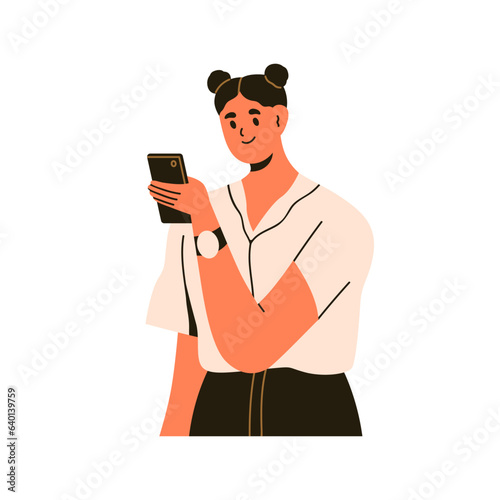 Happy woman looking at smartphone. Smiling girl holding mobile phone in hand,...