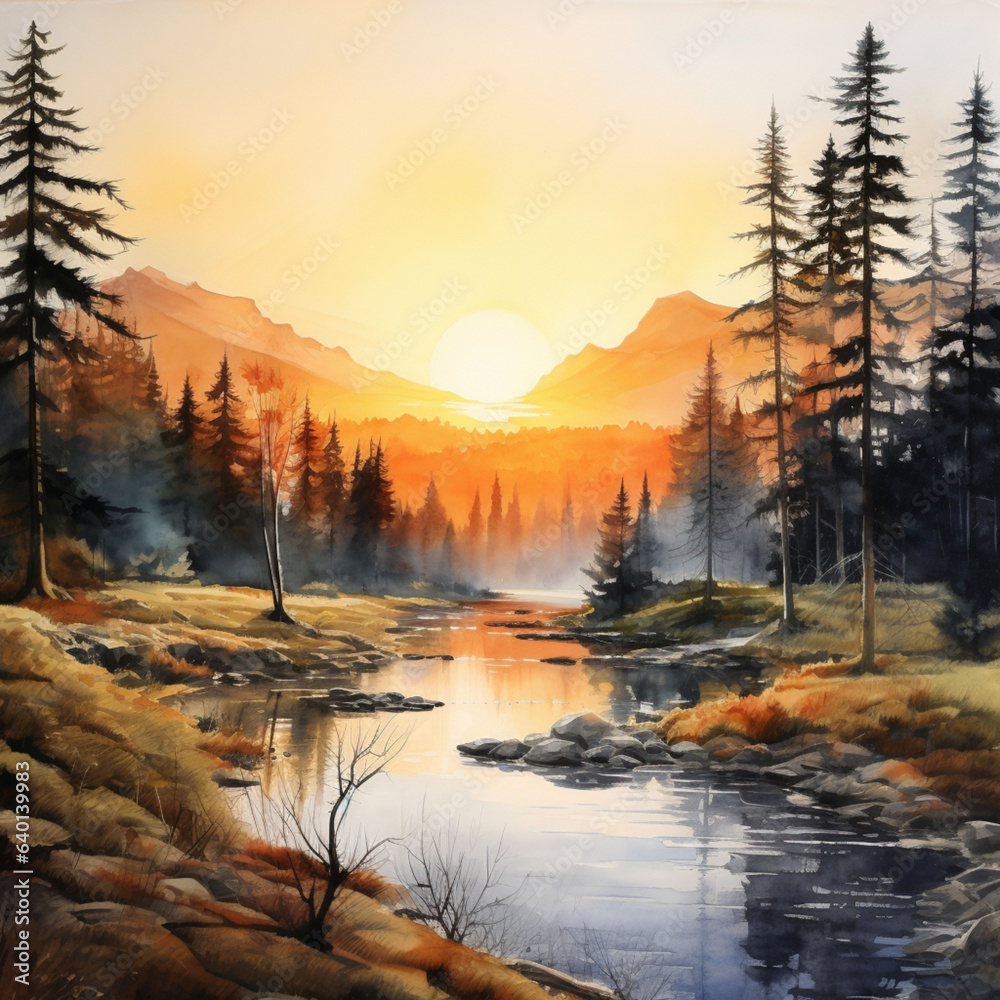 sunset in the mountains watercolor generative AI Illustration
