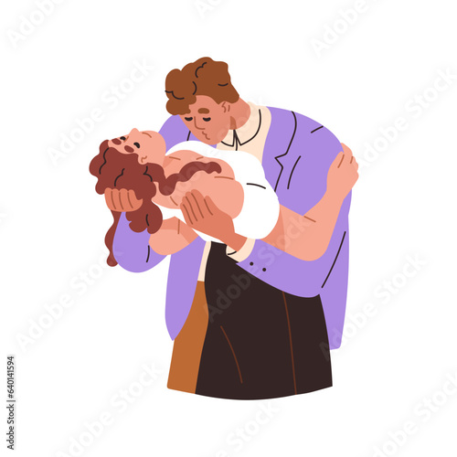 Love couple foreplay. Man kissing breast, hugging sexy woman, girlfriend. Sex, passion, arousal, lust, intimacy with passionate partner. Flat graphic vector illustration isolated on white background