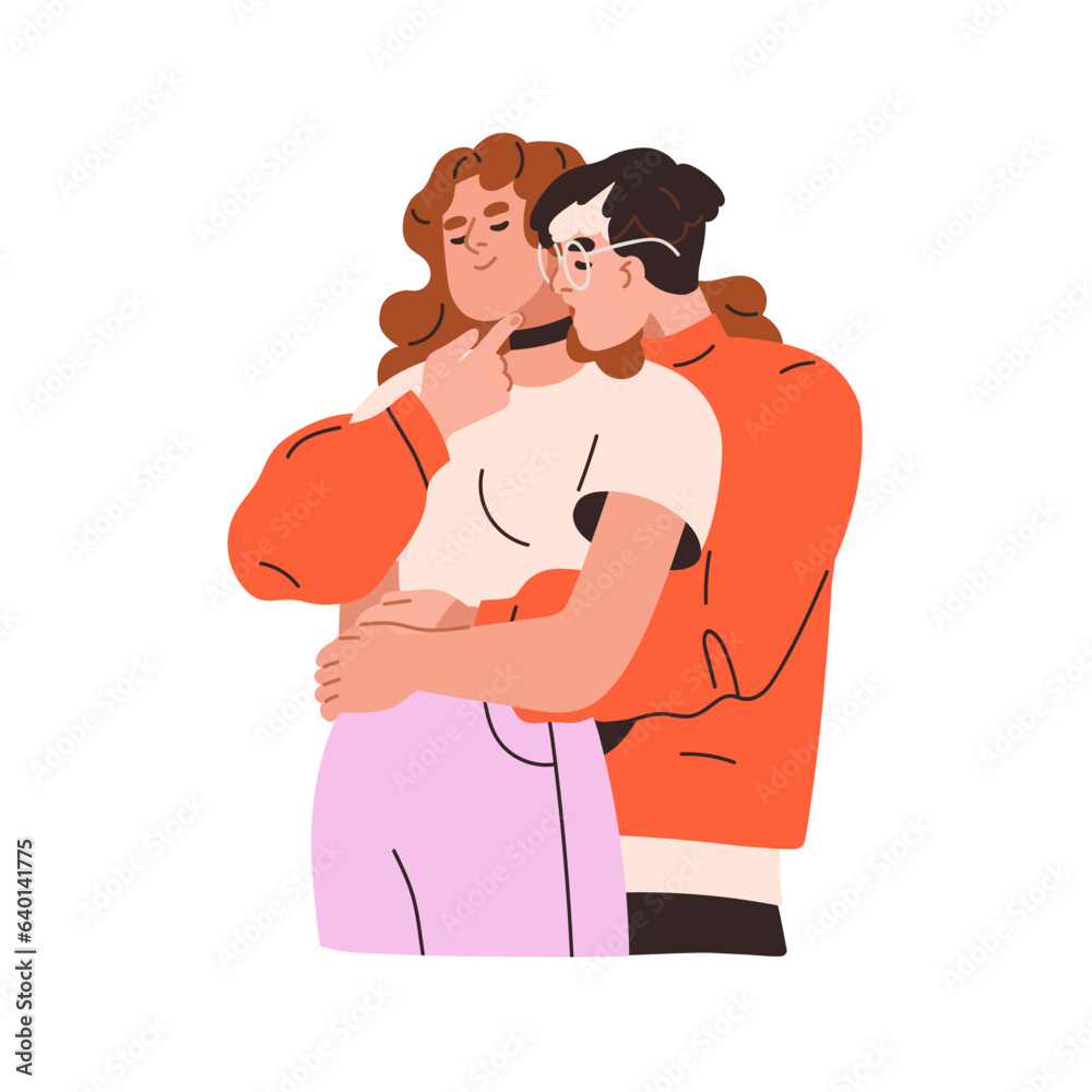 Obraz premium Lesbian love couple. Girl kissing girlfriends neck. Female lovers passion. LGBT people, enamored valentines in romantic relationships. Flat graphic vector illustration isolated on white background