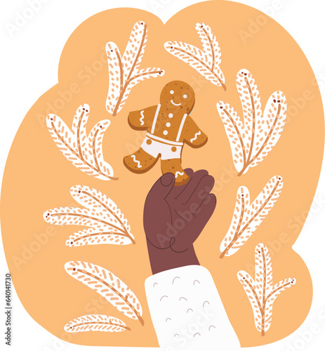 Vector illustration of hand holding tasty man shaped gingerbread cookie or biscuit. Merry Christmas and Happy New Year concept.